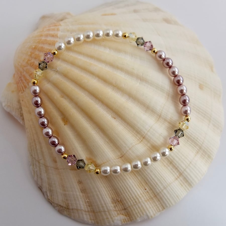Czech Glass Pearl & Swarovski Crystal Pink & Cream Bracelet - Handmade In Devon