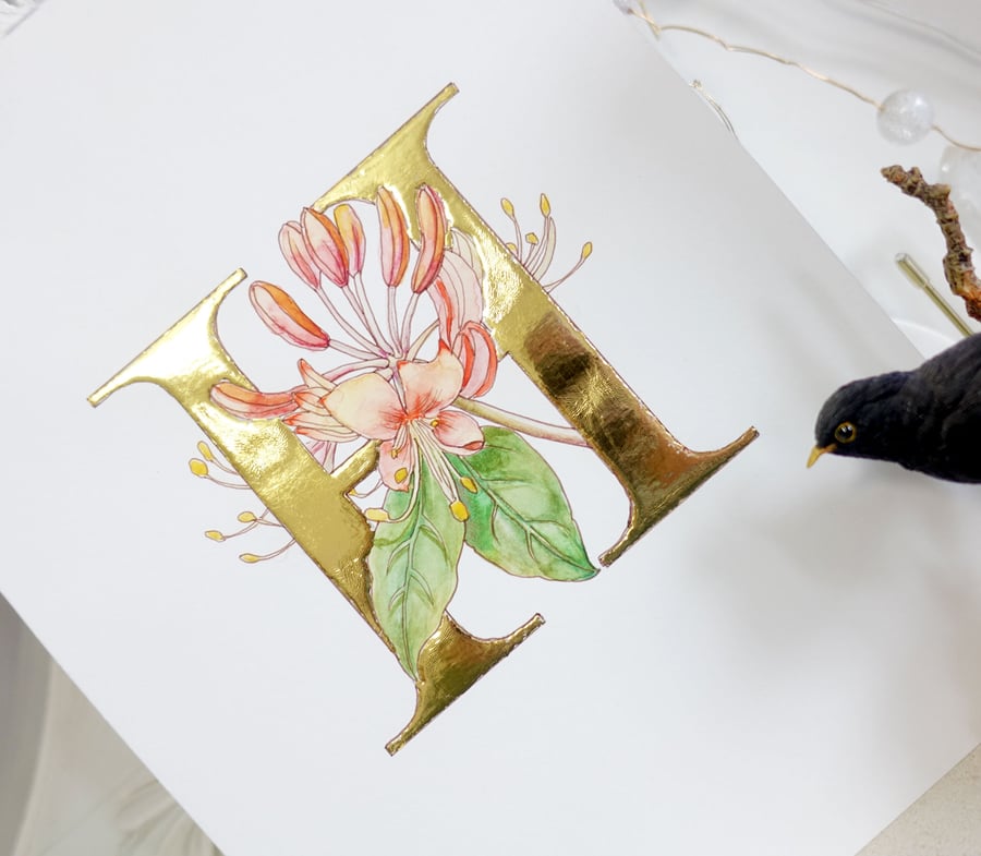 Watercolour art Honeysuckle and 24 Carat Gold Leaf Letter H.  