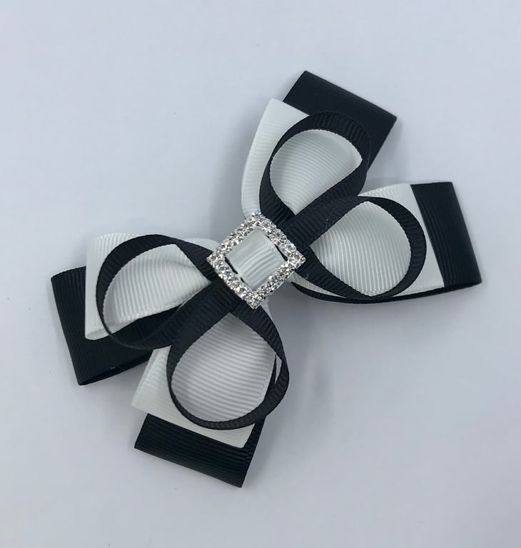 Black and White Double Layer Bow with Black Loops on Clip