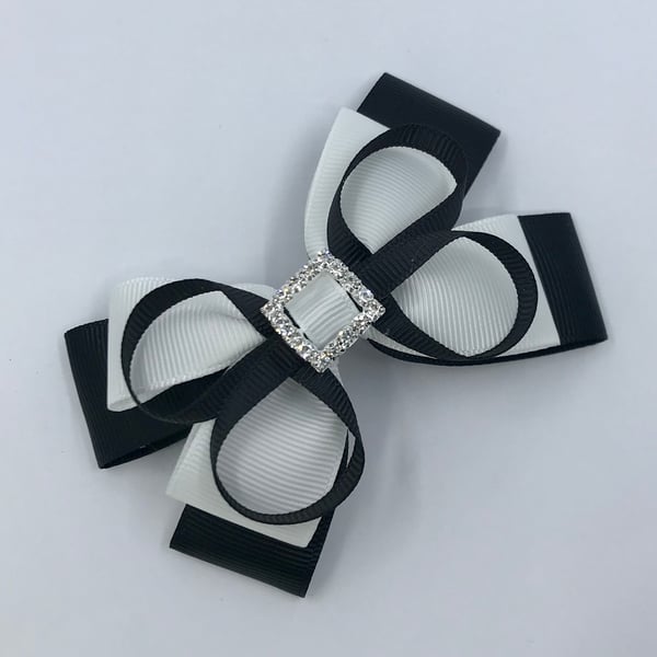 Black and White Double Layer Bow with Black Loops on Clip
