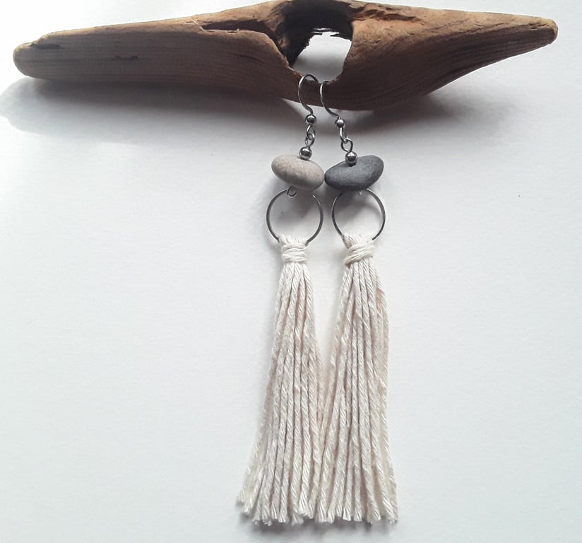 Contemporary Minimalist Pebble & Hemp Tassel Earrings 