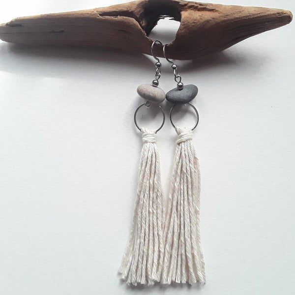 Contemporary Minimalist Pebble & Hemp Tassel Earrings 