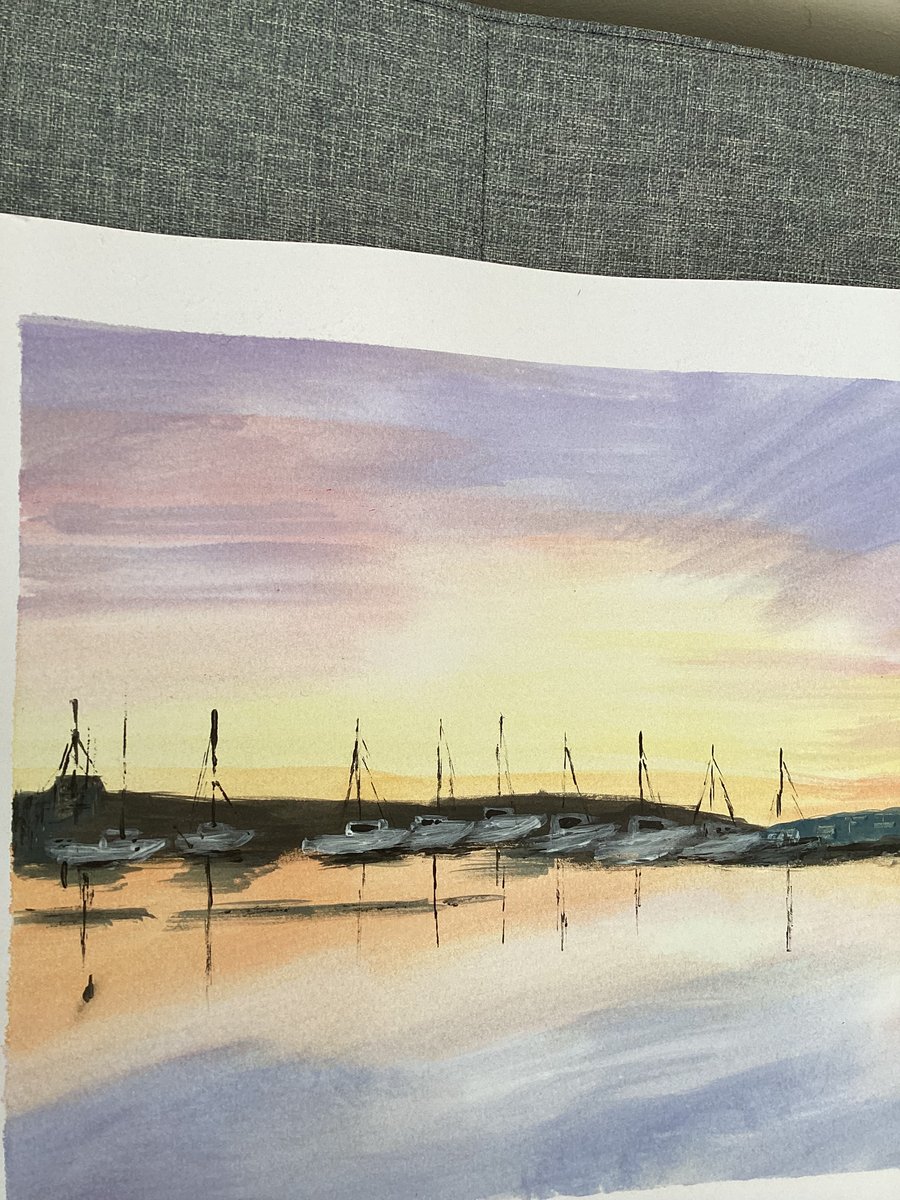 Boats at night firey sky water colour painting 
