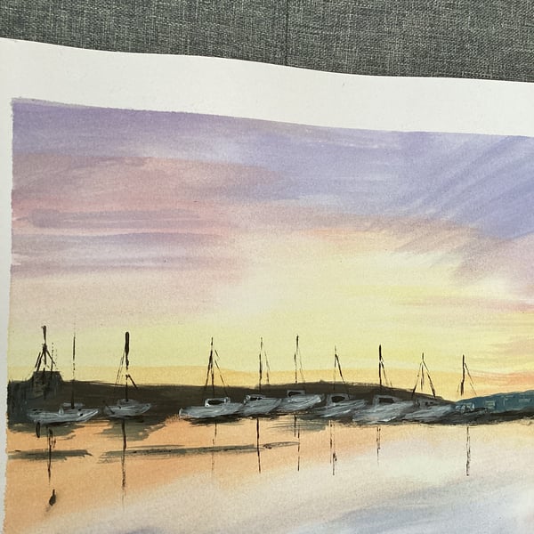 Boats at night firey sky water colour painting 