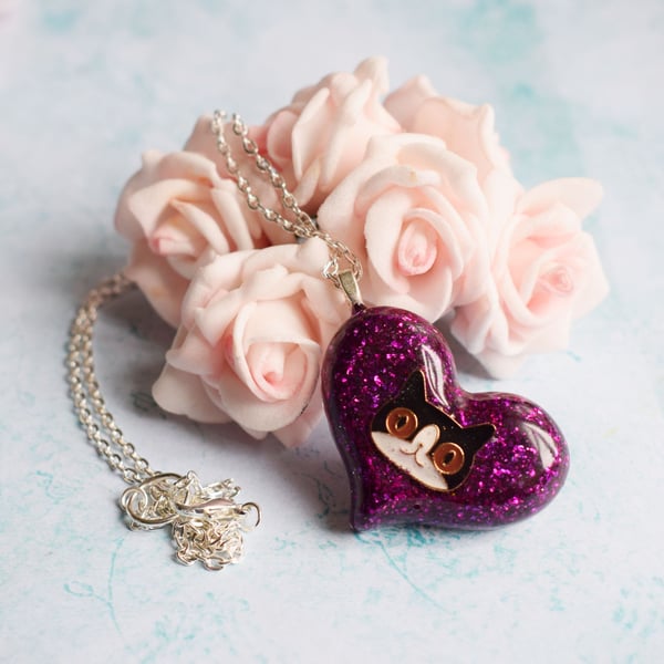 Purple Glitter Heart Necklace with Black and White Tuxedo Cat
