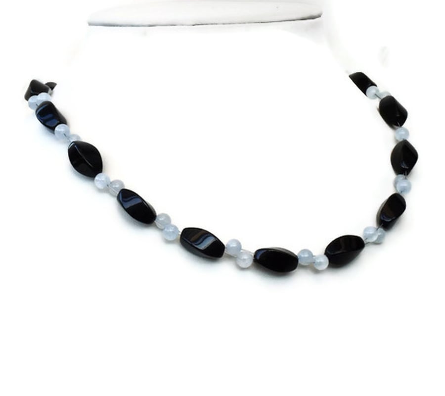 Black onyx and blue aquamarine necklace