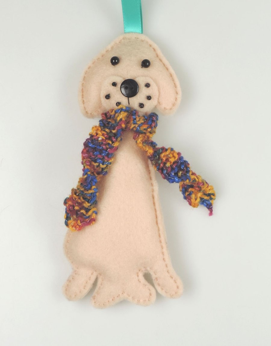 Large Golden Labrador Felt Dog Christmas Tree Decoration with Hand Knitted Scarf