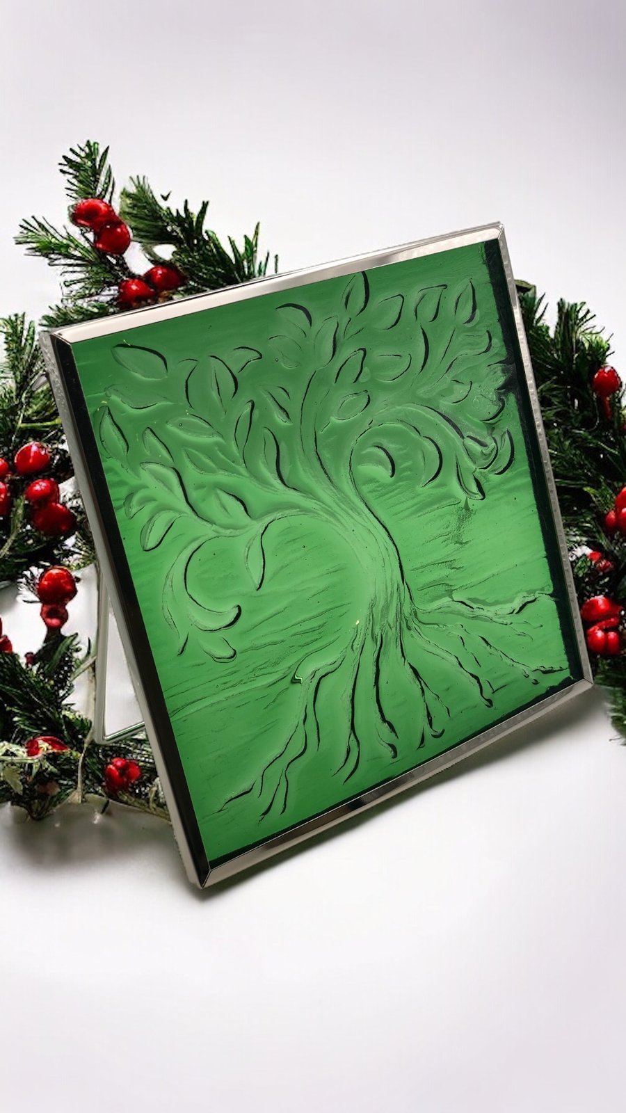 Tree of Life - fused glass tile in hanging or standing frame