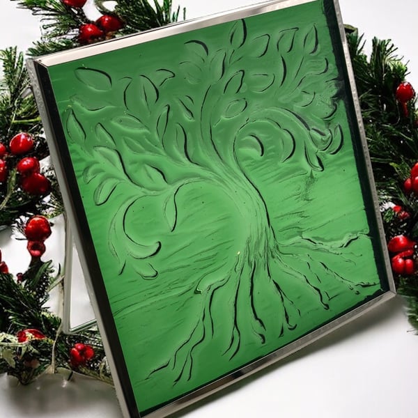 Tree of Life - fused glass tile in hanging or standing frame