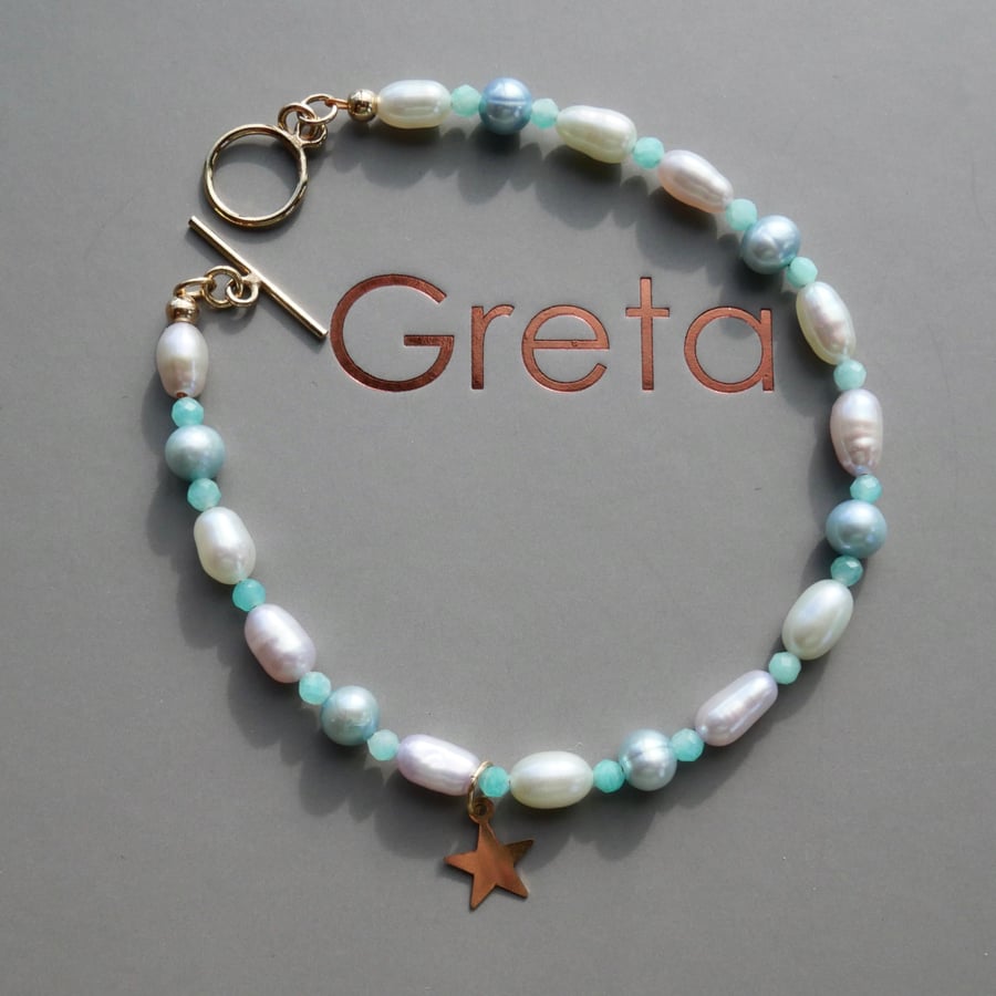 Amazonite Gemstone and Pearl Bracelet with 14k Gold Filled Toggle Clasp