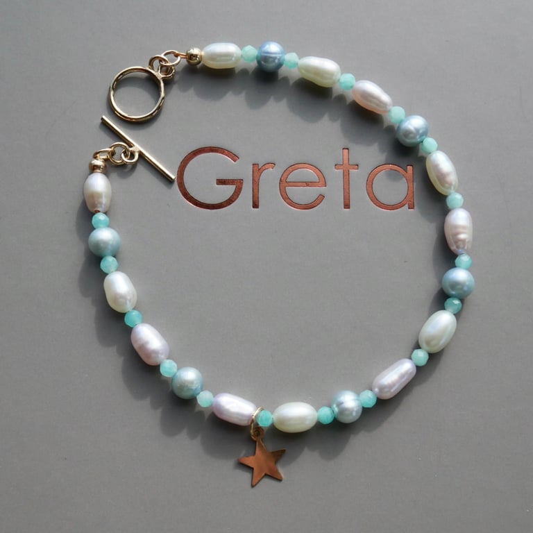 Amazonite Gemstone and Pearl Bracelet with 14k Gold Filled Toggle Clasp