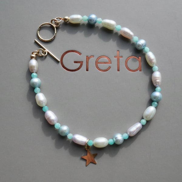 Amazonite Gemstone and Pearl Bracelet with 14k Gold Filled Toggle Clasp