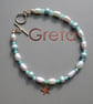 Amazonite Gemstone and Pearl Bracelet with 14k Gold Filled Toggle Clasp