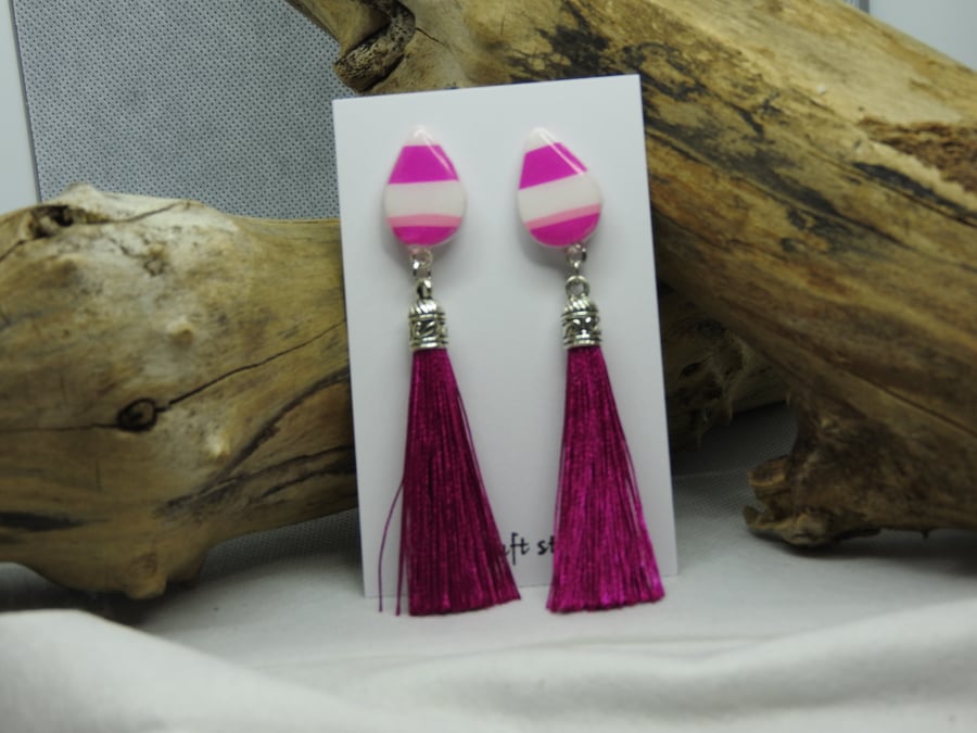 Bright pink  striped ceramic earrings 