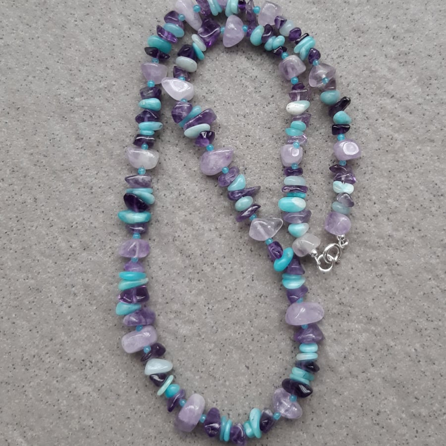 Amethyst and amazonite Beaded Necklace Sterling Silver