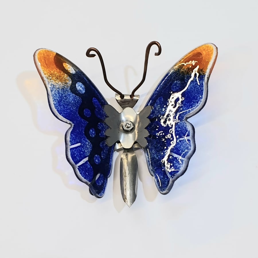 Butterfly Wall Art - Glass and Metal - Mini Orange and Blue Butterfly