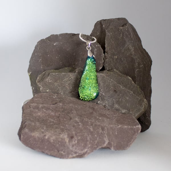 Elongated Teardrop shaped Dichroic Glass Pendant Necklace in Green - 1179