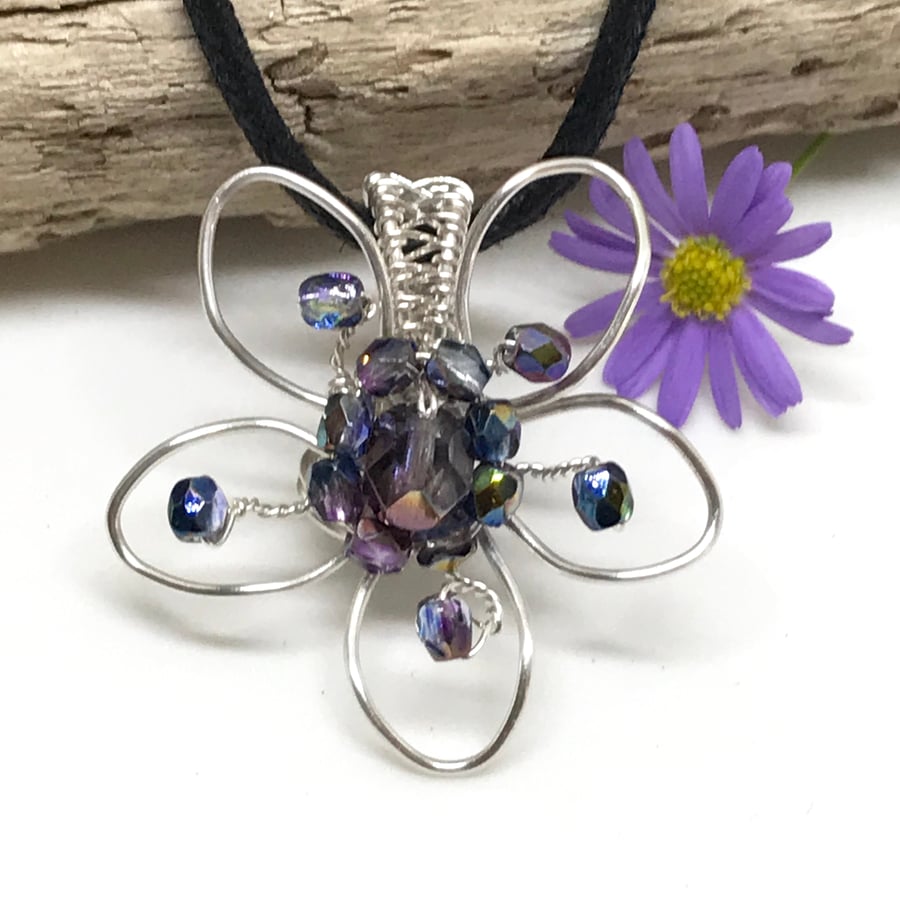 Silver Flower Pendant, Purple Crystals. Silver Plated