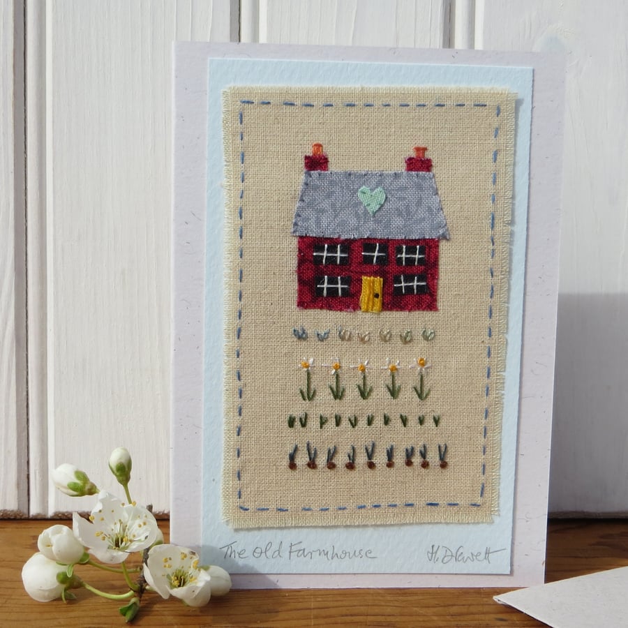Old Farmhouse hand-stitched miniature mounted onto card with flowers and veg!