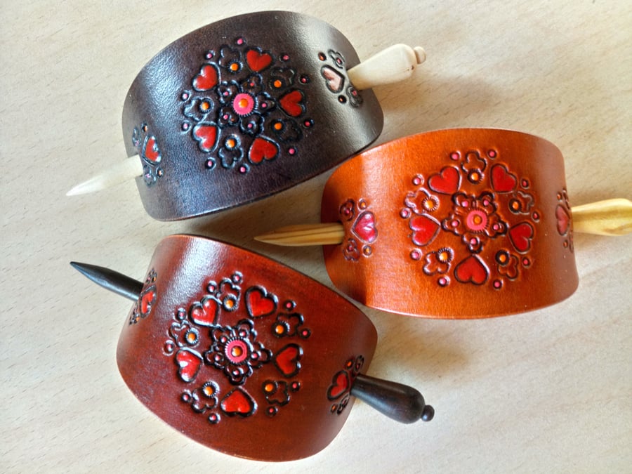 Leather Stick Barrette, Medium Leather Hair Slide with Turned Wooden Stick