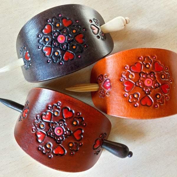 Leather Stick Barrette, Medium Leather Hair Slide with Turned Wooden Stick