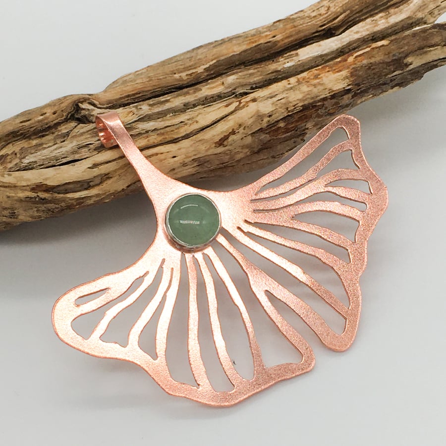 Handmade Ginkgo Leaf Copper Pendant with Amazonite 