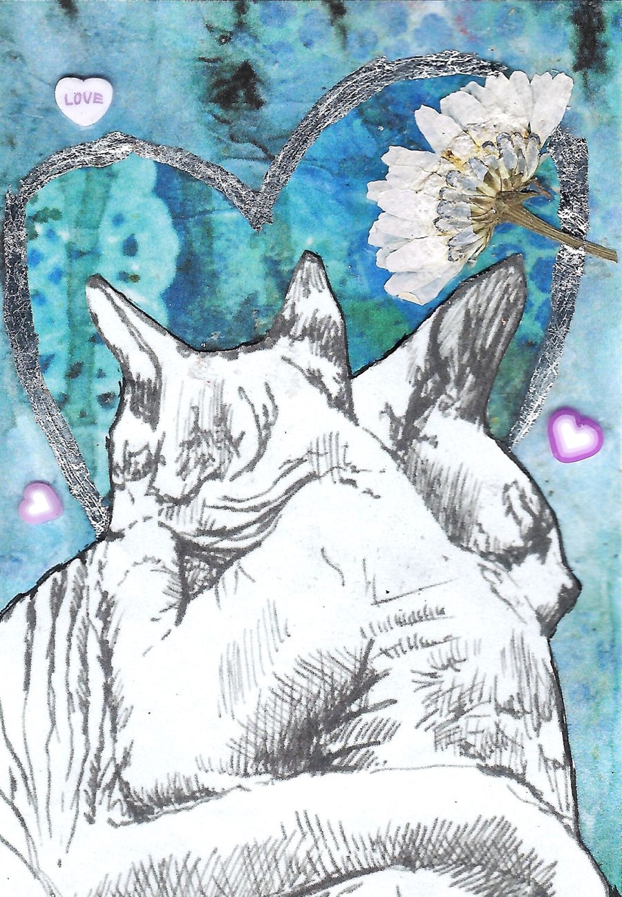 3.5 x 2.5 inch Sphinx ACEO ATC Cat Art Mixed Media Valentine Gift for Sphynx Cat