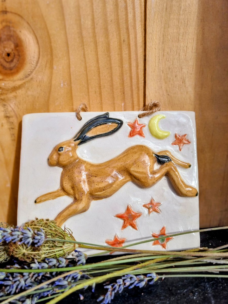 Mr Hare Pottery Wallhanging,  Hare art, Hares, Earthenware Hare, Leaping Hare