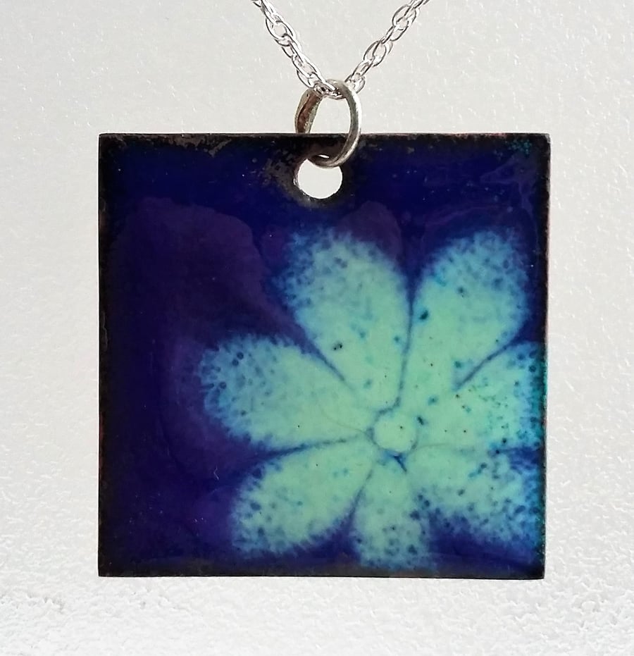 Large square copper enamelled floral pendant 081