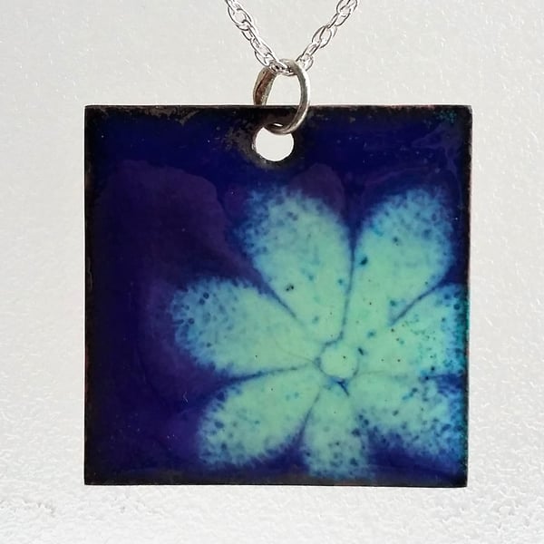 Large square copper enamelled floral pendant 081