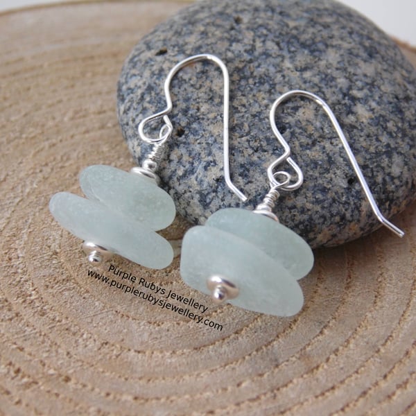 Cornish Dainty Seafoam Sea Glass Stack Earrings, Sterling Silver E619