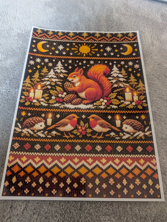 Yule pagan red squirrel Christmas A4 Photo print fair isle inspired 