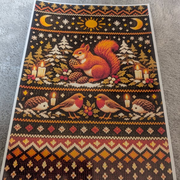 Yule pagan red squirrel Christmas A4 Photo print fair isle inspired 