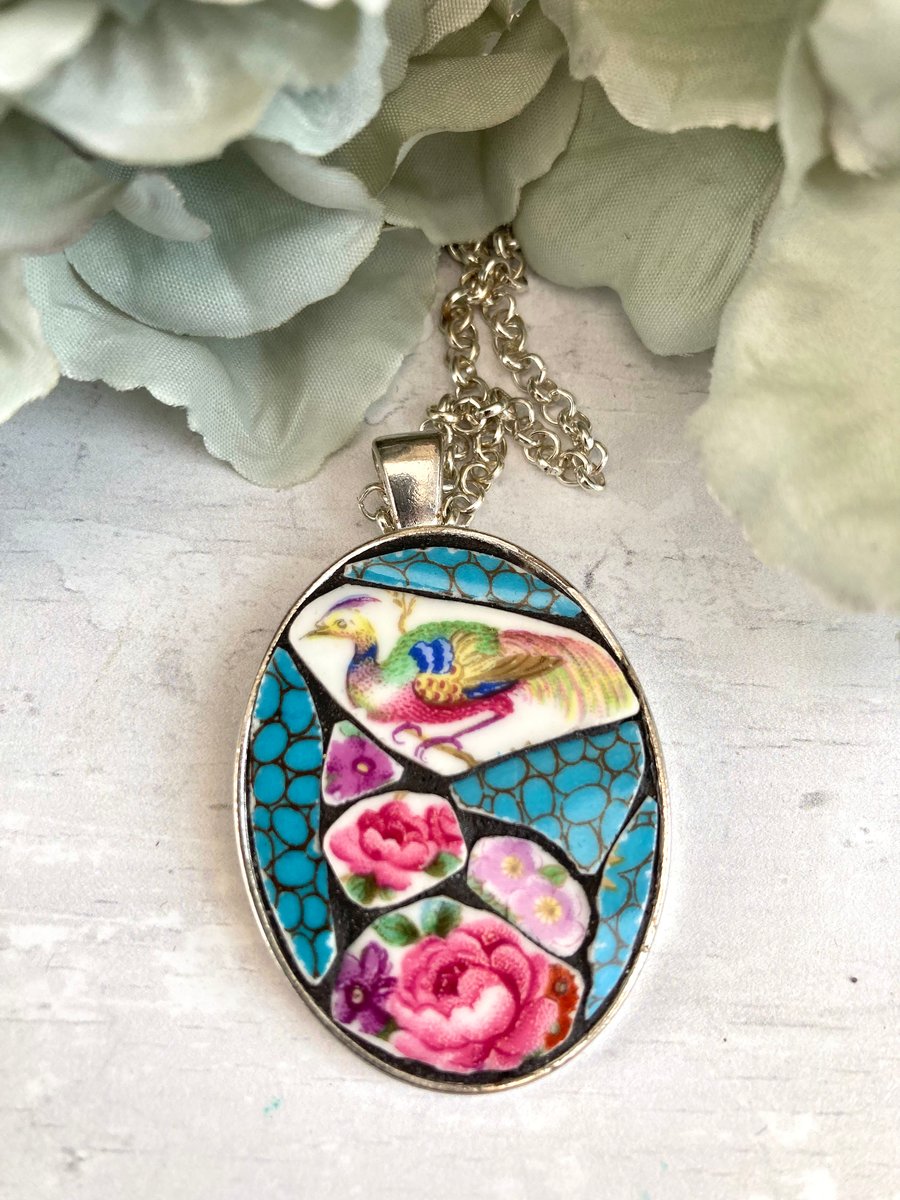 Broken China Mosaic Necklace - Bird Vintage China - Boho Style