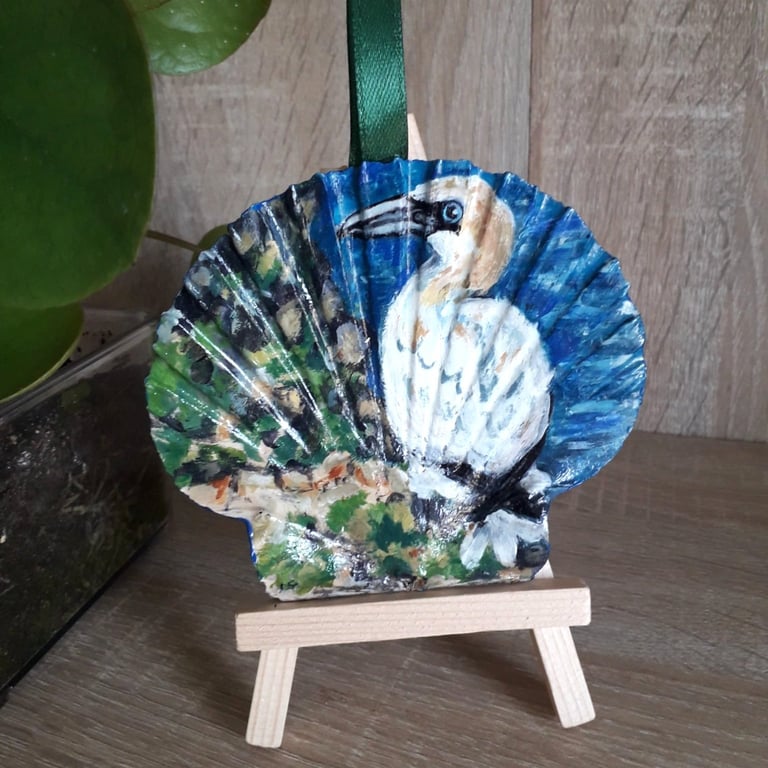 A Ganet on the sea cliffs, handpainted Shell wall decoration.  