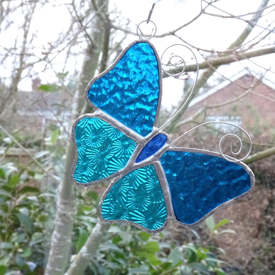 Stained Glass Butterfly Suncatcher - Turquoise 