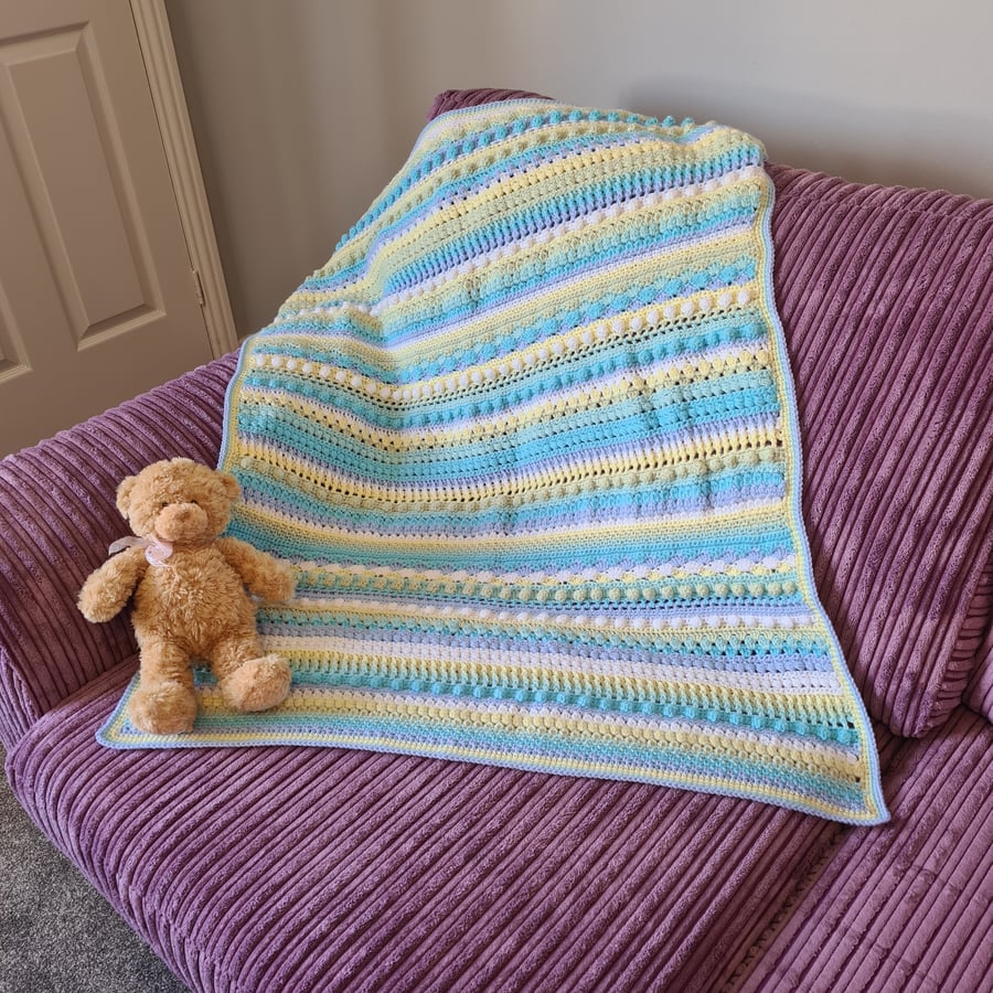 Crochet Baby Blanket Striped Cot Blanket Blue, Green, Yellow, Aqua and  White