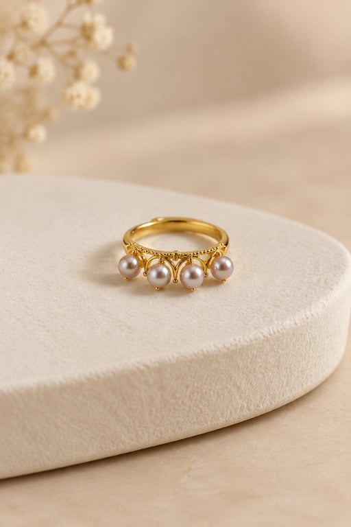 Pink Pearl Crown Adjustable Ring, Gold Plated