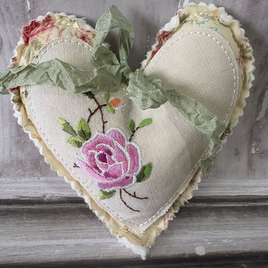 Heart Decoration - Repurposed Embroidered Linens - STH 0003