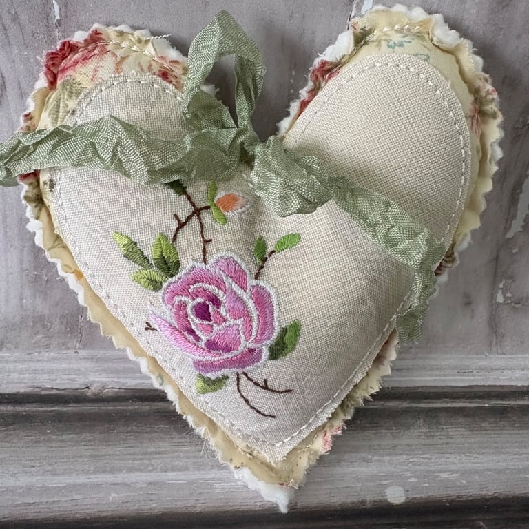 Heart Decoration - Repurposed Embroidered Linens - STH 0003