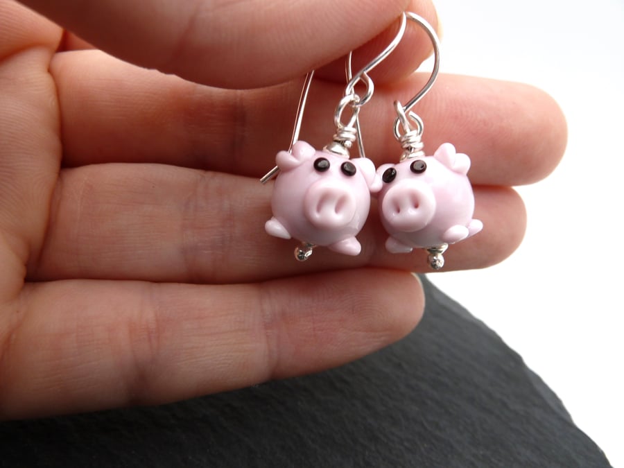 lampwork glass pig earrings, sterling silver jewellery