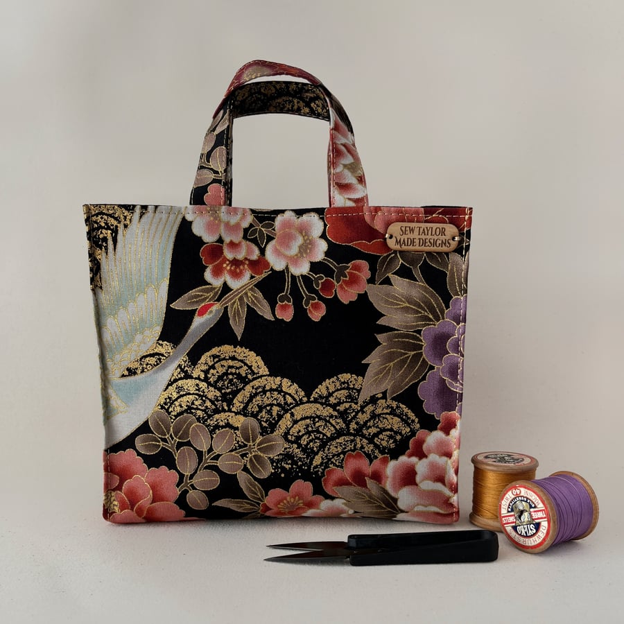 Mini Tote Bag Evening Bag Japanese Cranes and Flowers Fabric 