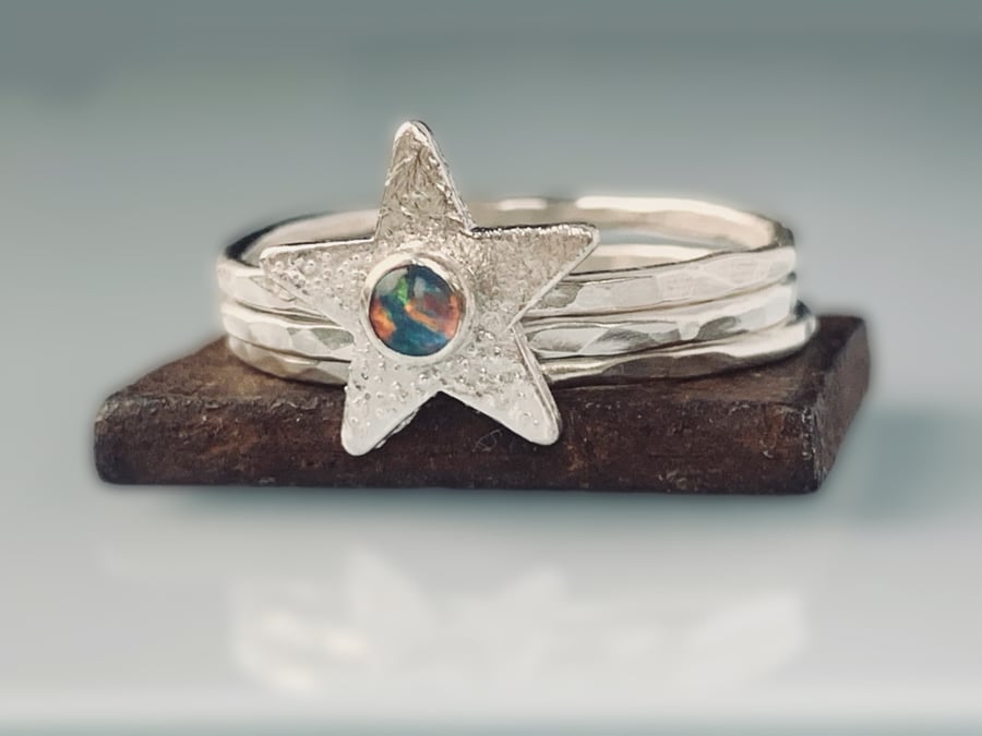Punk Star Stack Sterling Silver Star Opal Skinny rings, Handmade Urban Design