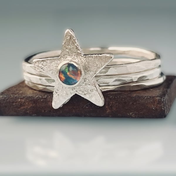 Punk Star Stack Sterling Silver Star Opal Skinny rings, Handmade Urban Design