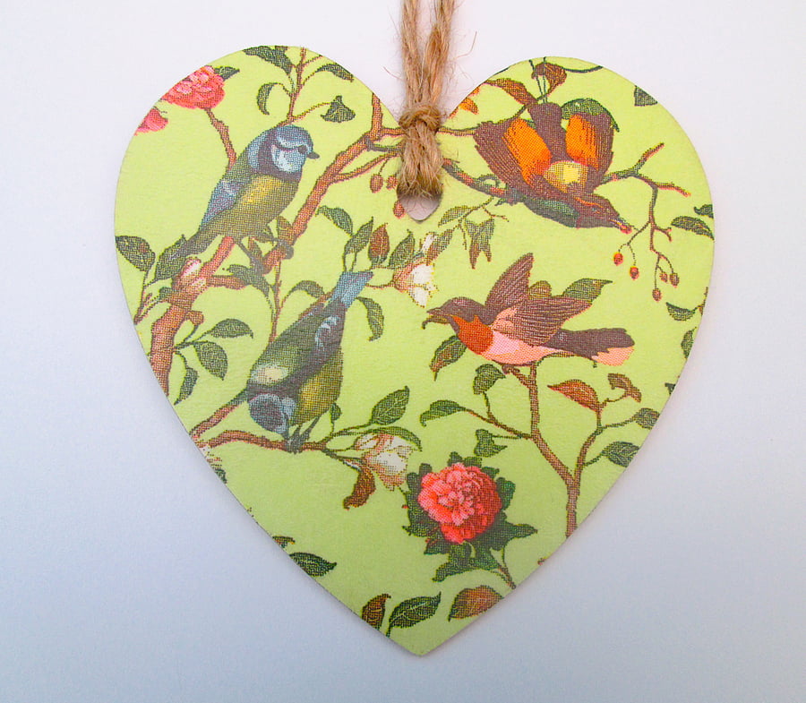 Garden birds wood decoupage heart hanging decoration