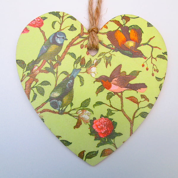 Garden birds wood decoupage heart hanging decoration