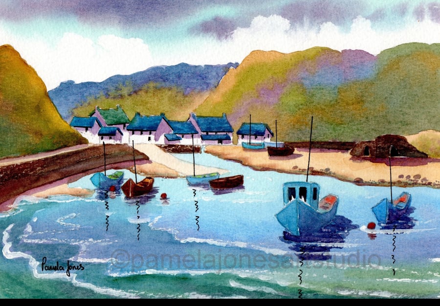 Watercolour Print, Boats, Solva Harbour, Pembrokeshire, Wales, In 9 x 7 '' Mount