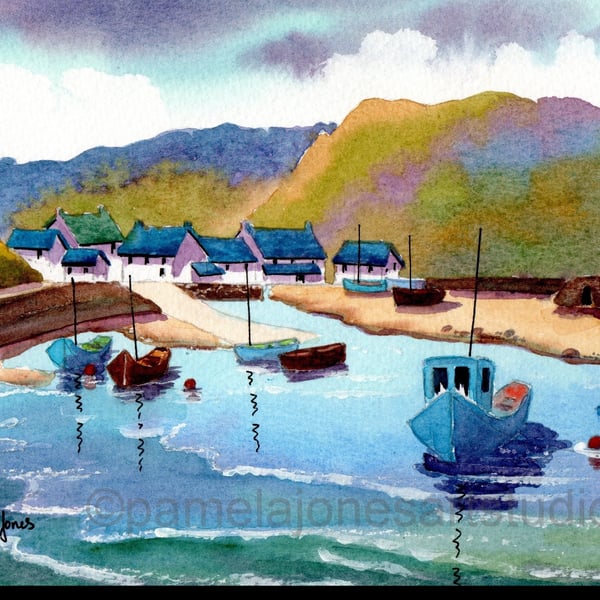 Watercolour Print, Boats, Solva Harbour, Pembrokeshire, Wales, In 9 x 7 '' Mount