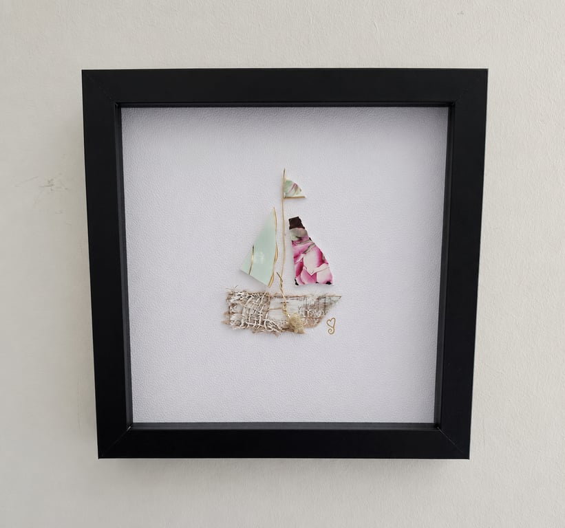Handmade Sea Glass & Vintage China Sailing Boat Shadow Box - Coastal Wall Art 