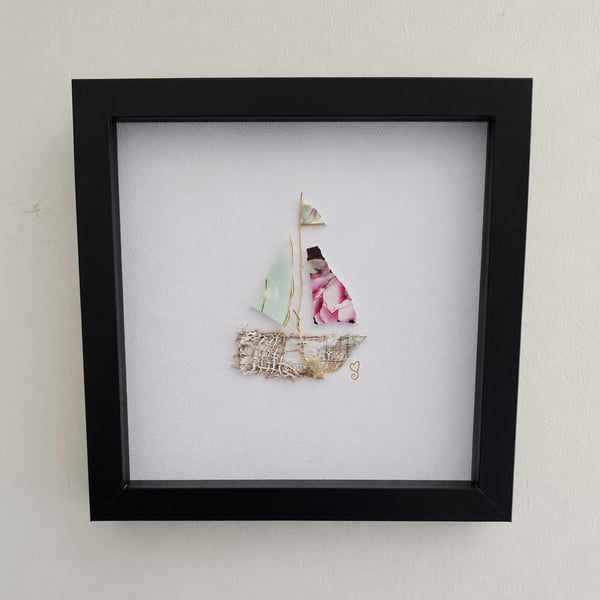 Handmade Sea Glass & Vintage China Sailing Boat Shadow Box - Coastal Wall Art 